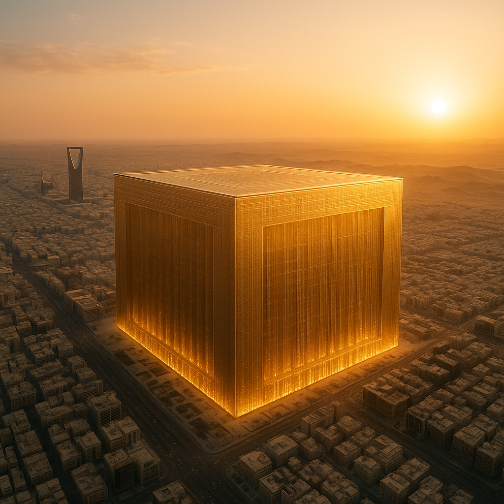 Mukaab golden cube aerial view
