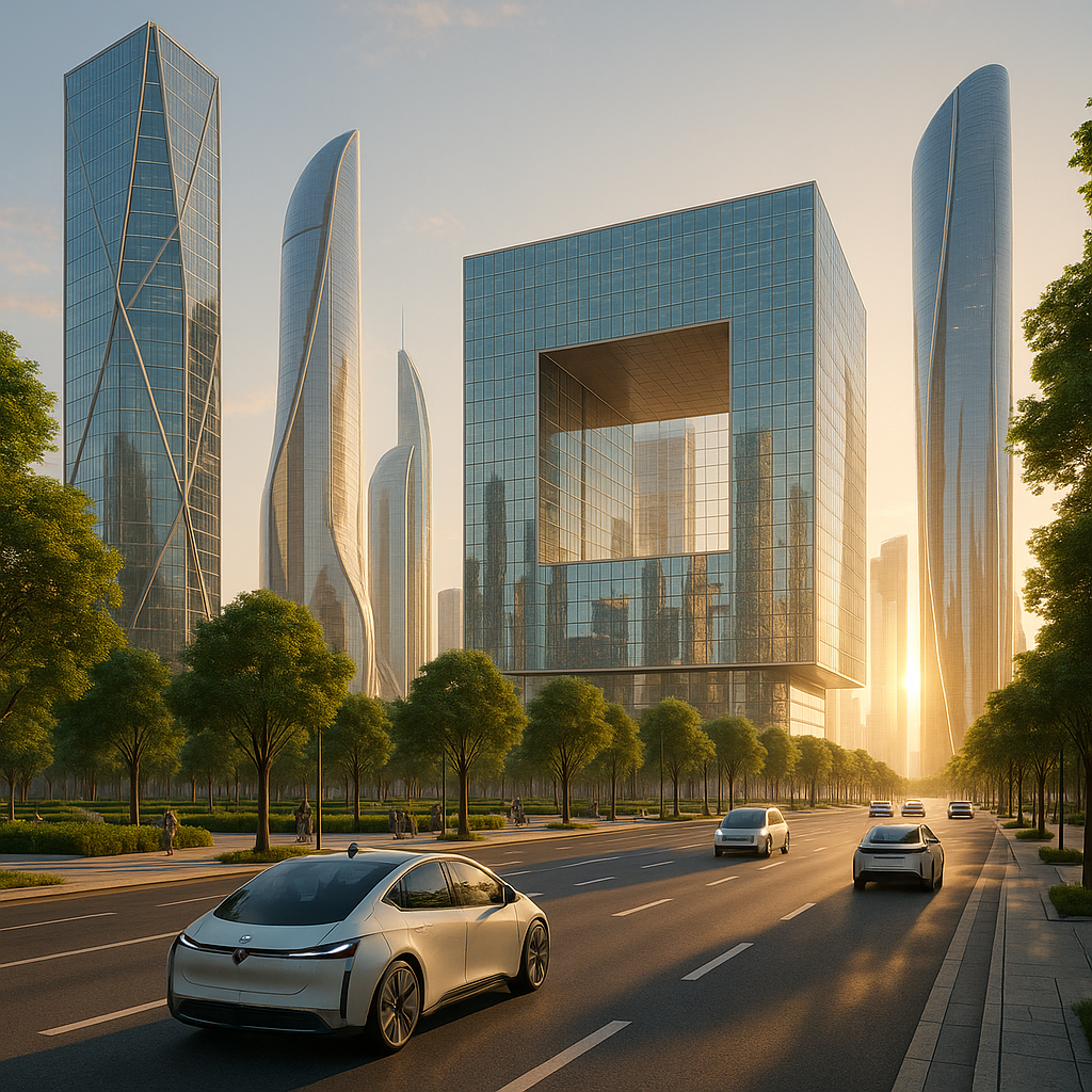 Futuristic eco-city sunrise